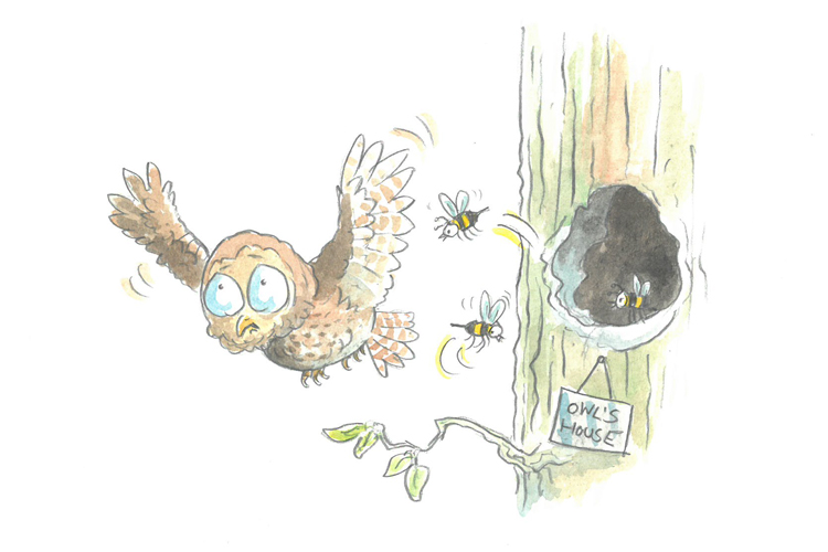 The owl was stung (oust) and was forced out.